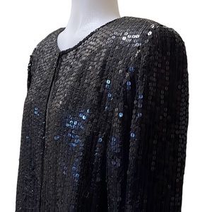 Jewel Queen Vintage Long Black Silk Sequin Blazer~Jacket~S